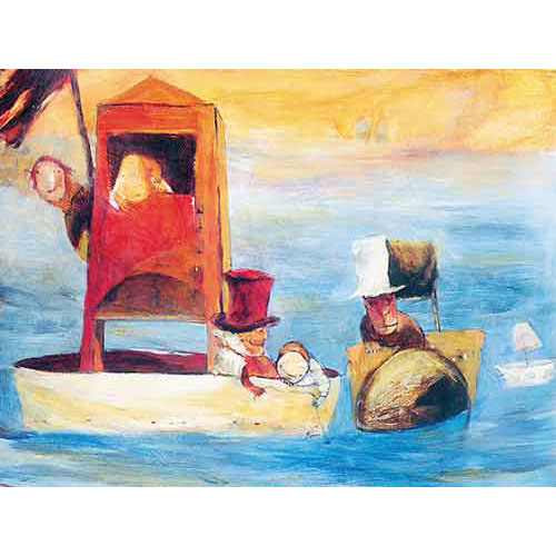 Monika Strugarek schilderij, De bootjestrein, gemengde technieken, 85x70